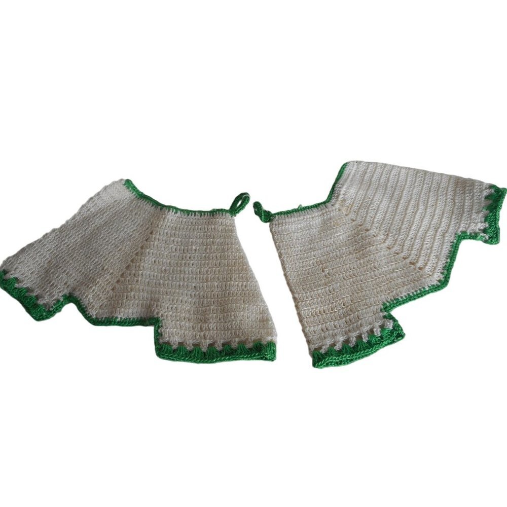 Lot 2 Vintage Hand Crocheted Pot Holder Trivet Cream Green Pants shorts hanging